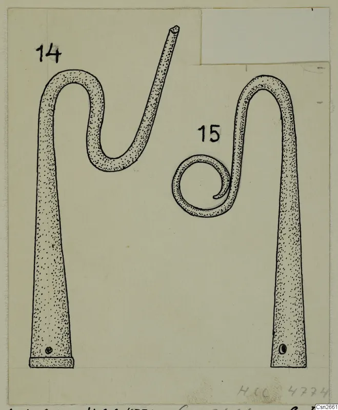 Drawing of two bronze tools, one with an S-shaped bend and one with a coiled hook