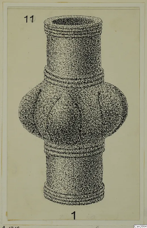 Dotted pen drawing of a bronze object with ringed bands, an open top and a bulbous central section with side lobes