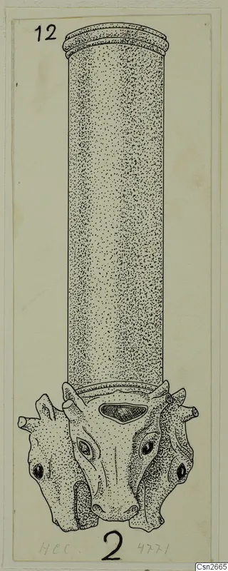 Ink drawing of a bronze object: a tall stippled shaft with a moulded rim, ending below in three animal-like heads.