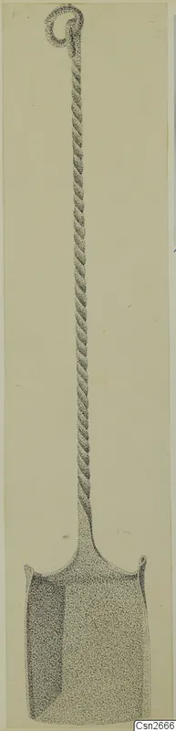 Stippled pen drawing of a bronze tool with a twisted shaft, a loop at the top and a flared blade at the base.