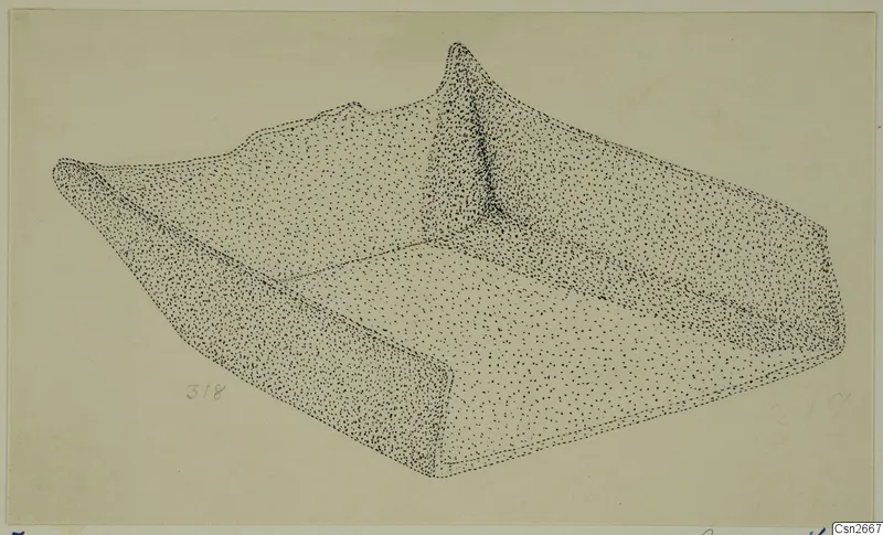 Stippled pen drawing of a bronze object: a shallow tray-like form with raised ends and an upright projection at the back