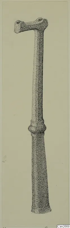Stippled drawing of a long bronze tool with a flanged head and a collar on the shaft, from Vouni