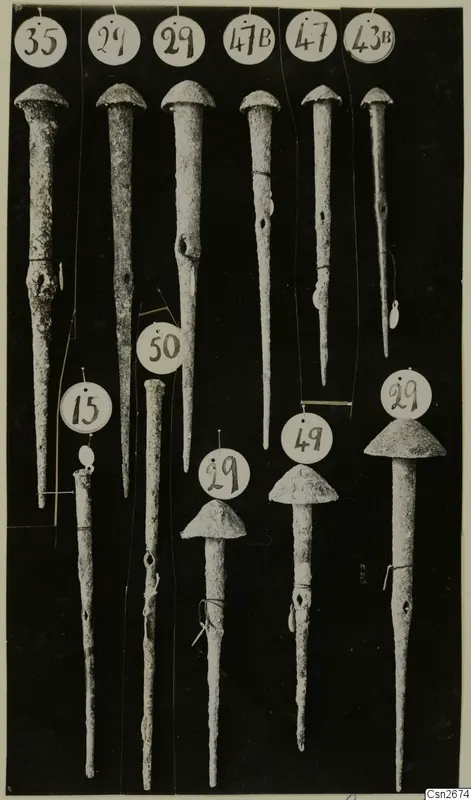 Eleven long metal implements with domed heads and tapering shafts, marked with round numbered paper labels, on a black background.