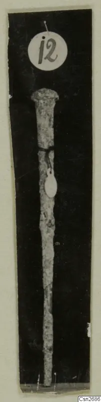 Slender bronze tool with a flattened head and tapering shaft, photographed upright with a round number label.