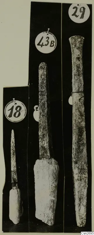 Three bronze tools photographed separately on black backgrounds, each with a round number label above it.