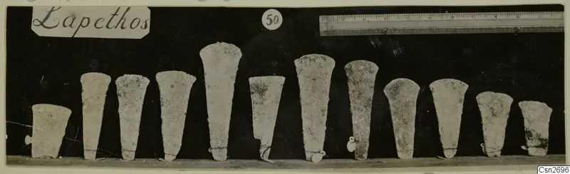 Twelve tapering bronze tools standing in a row against a dark background, with a ruler and a number card.