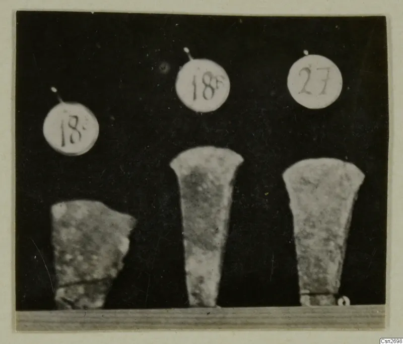 Three bronze tools photographed side by side against a dark background, each with a round number label above it.