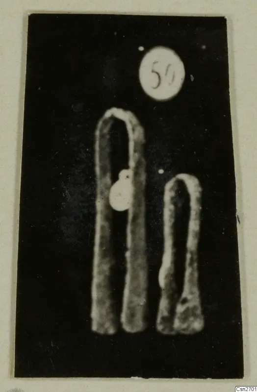 Two bent bronze tools on a black background, with a round number label above them