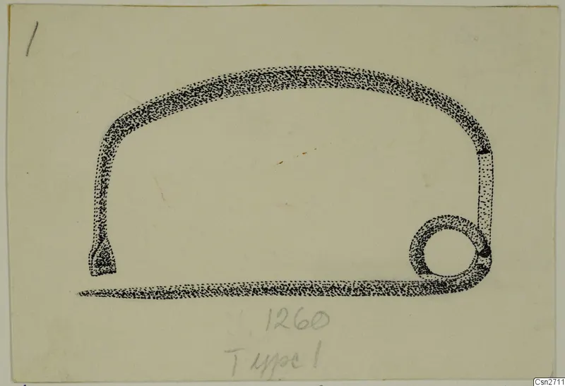 Drawing of a bronze object with a long curved arm, a flattened end and a ring at the other end