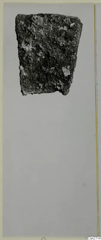 Corroded metal fragment, probably part of a bronze tool, shown on a grey card.