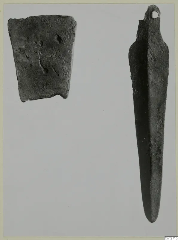 Two bronze objects from Lapithos: a flat corroded fragment and a long narrow tool with a loop at one end.
