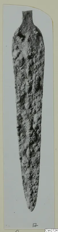 Corroded bronze blade with a narrow tang, photographed upright on a pale grey card