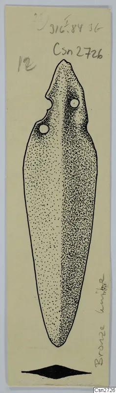 Ink drawing of a bronze blade with two rivet holes near its broad end