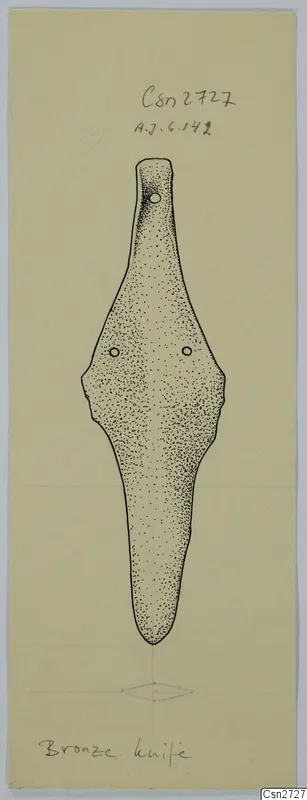 Ink drawing of a bronze knife with a narrow tang and two rivet holes on the blade, on a cream card