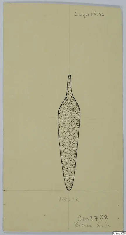 Field drawing of a stippled bronze tool with a narrow pointed tang and a tapering blade, on cream card