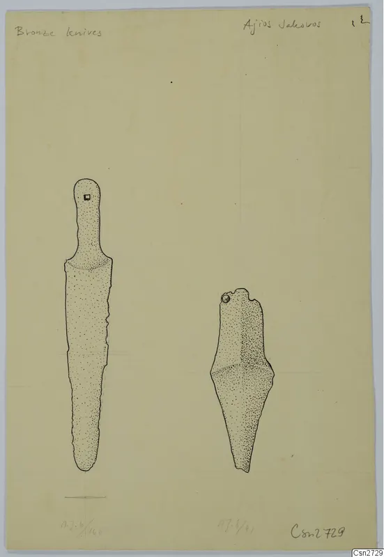 Drawing of two bronze knives, one long and narrow with a rounded handle, the other shorter with a shouldered blade.