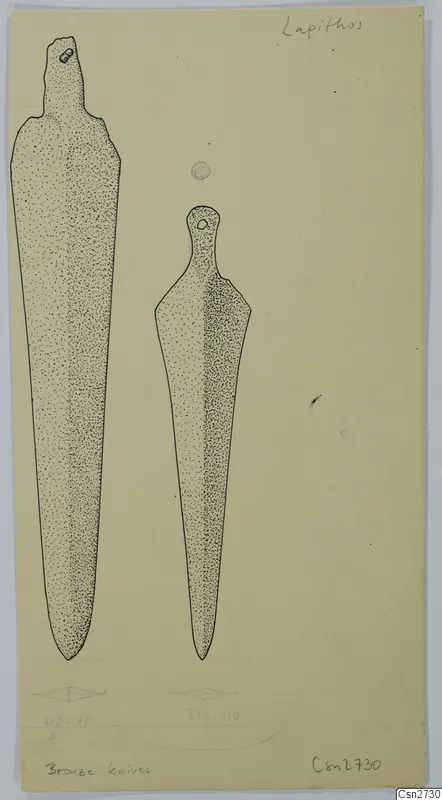 Ink drawing of two bronze knives, one with a rivet at the tang end and one with a small hole in its handle.