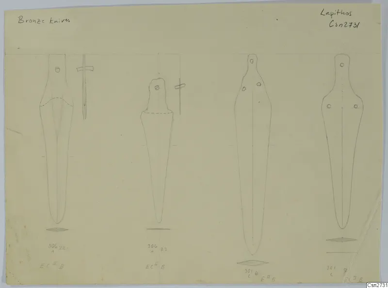 Pencil drawing of four bronze knives with rivet holes, two with blade cross-sections drawn alongside