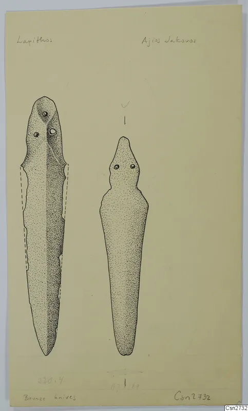 Ink drawing of two bronze tools side by side, one long and tapering, one shorter with a rounded head.