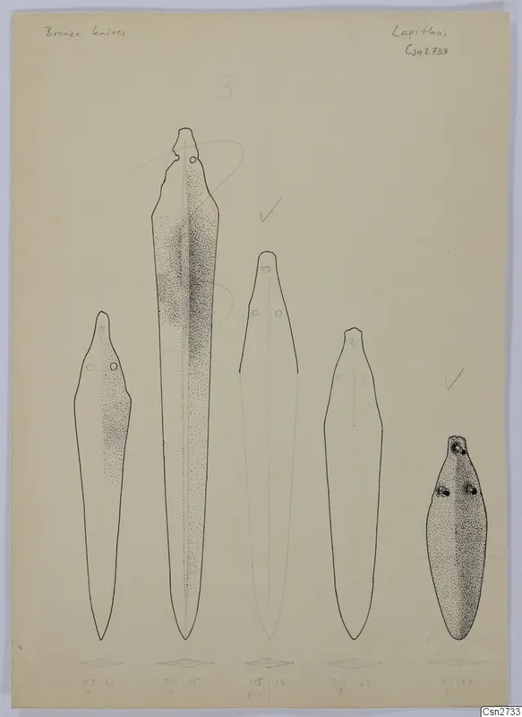 Ink drawing of five bronze blades with rivet holes, arranged in a row on cream paper