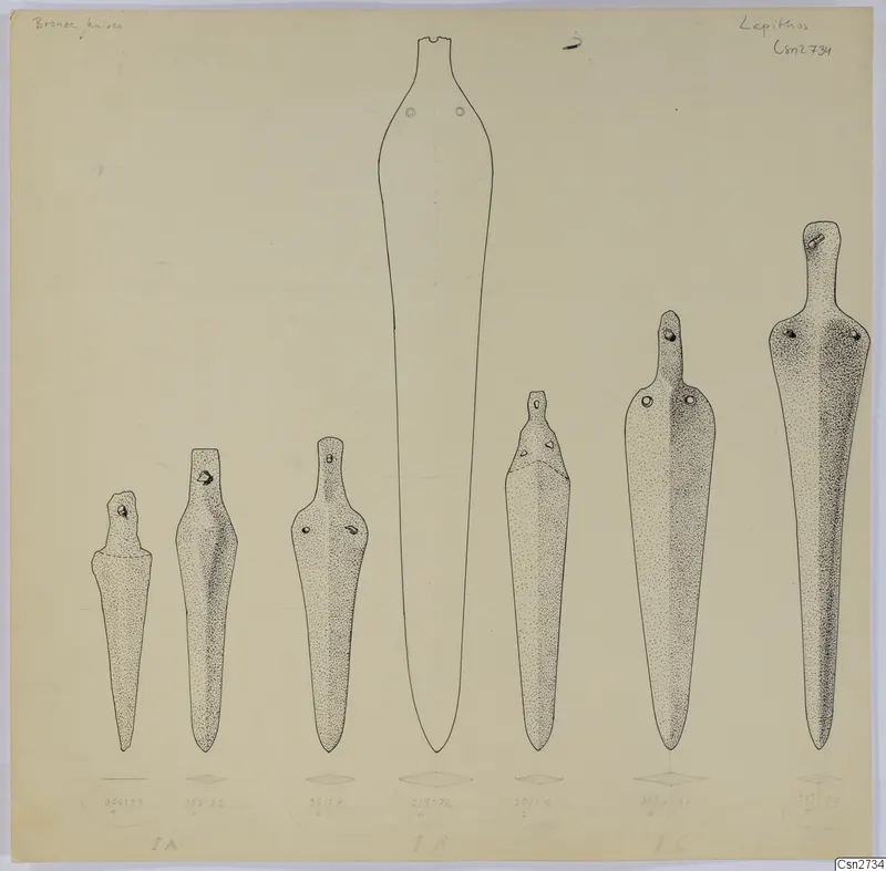Drawing of seven bronze knives with rivet holes, shown in a row and grouped under labels below.
