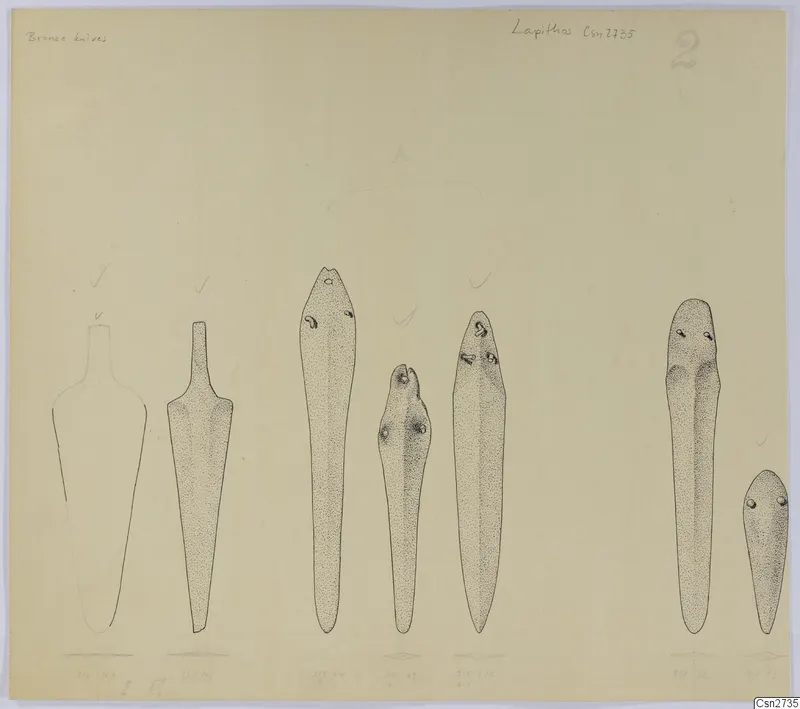 Drawing of seven bronze knives laid out in a row, several with small rivet holes near the top