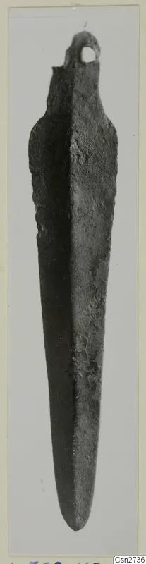 Bronze tool: a long, pointed blade with a hole through a loop at one end.