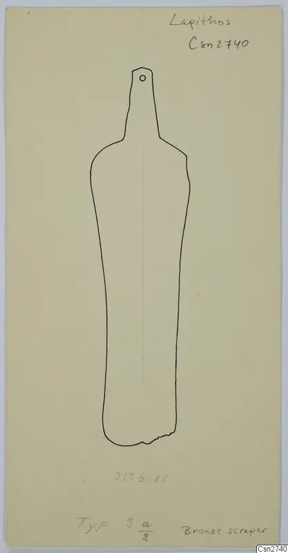 Outline drawing of a bronze tool with a small hole near the top, on pale green card.