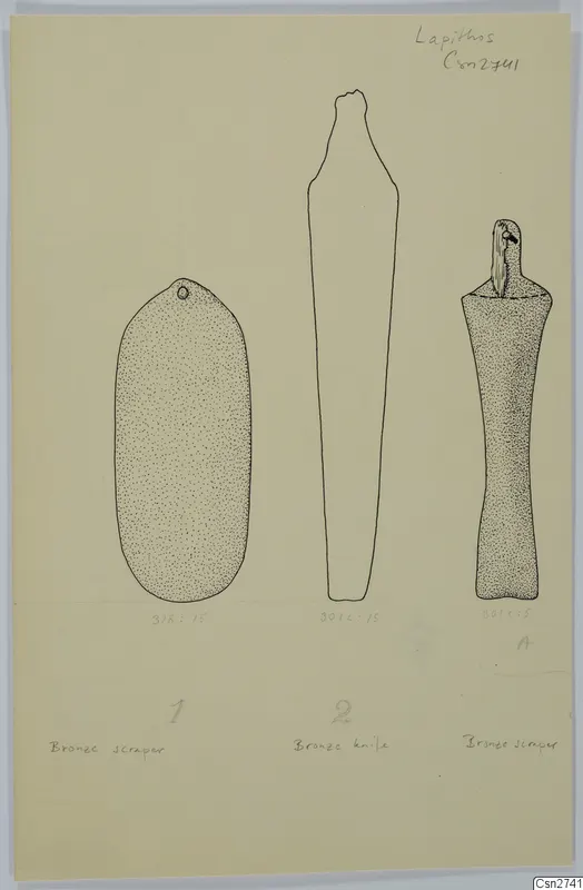 Drawing of three bronze tools: an oval tool with a hole, a long slender knife and a tool with a tang.