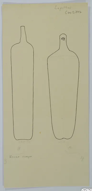 Pencil drawing of two vessel outlines side by side, one tall and narrow, one wider with a short neck, on pale green paper.