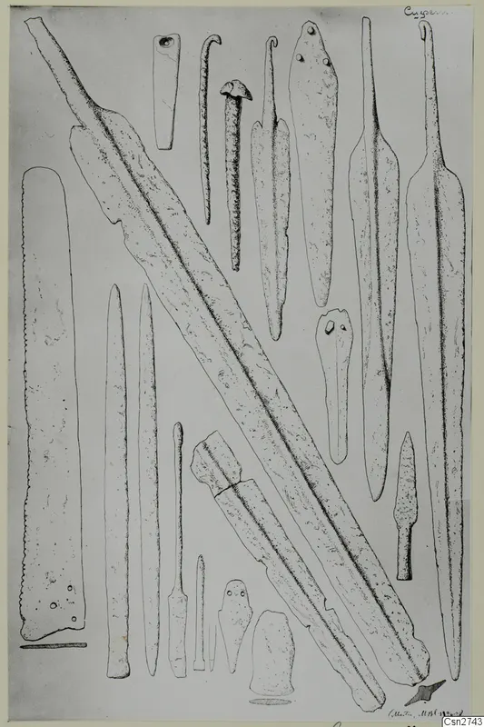 Ink drawing of bronze tools laid out on a sheet, including a long diagonal blade, a serrated blade, pointed rods and hooked pieces