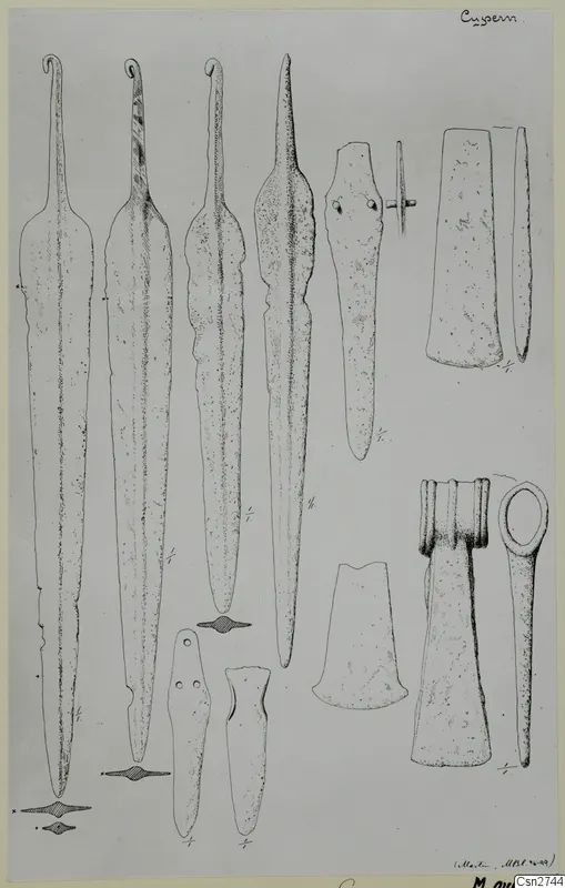 Line drawing of bronze blades, axes and tools laid out on a sheet
