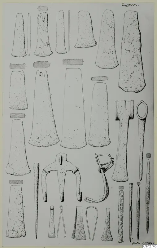 Ink drawing of bronze tools, including axes, chisels, tongs and pins, laid out in rows on a pale sheet.