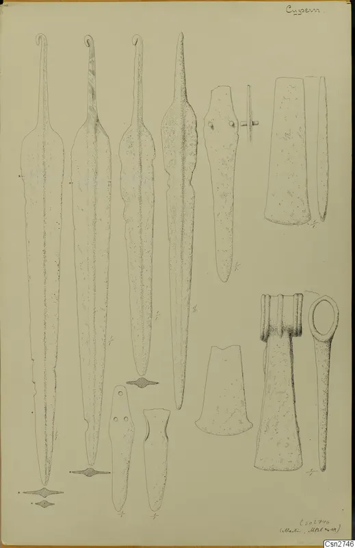 Drawing of bronze tools and blades, including long blades with curled tangs, flat-tanged pieces and socketed implements.