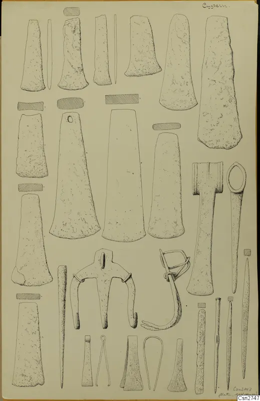 Ink drawing of stone axes, chisels and bronze tools arranged on a sheet