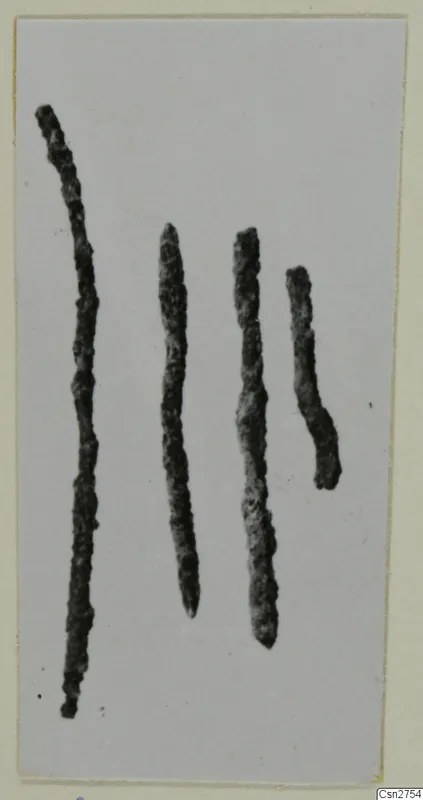 Four corroded metal rods, probably bronze tools, shown side by side on a pale background, from Milia