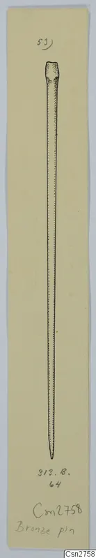 Drawing of a long slender bronze pin with a rounded head, on a cream card.