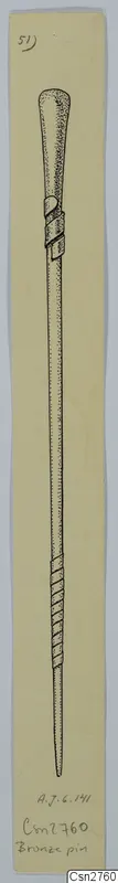 Ink drawing of a bronze pin with a knobbed head and a coiled, ribbed lower shaft