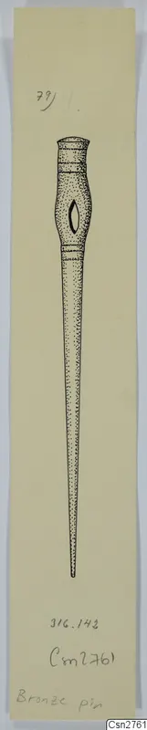 Ink drawing of a bronze pin with a banded head and long tapering shaft