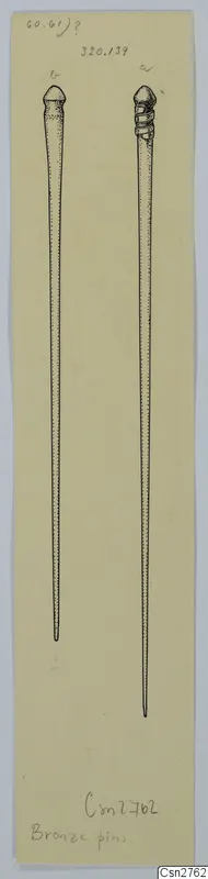 Ink drawing of two long pins with rounded heads on a narrow strip of pale yellow card