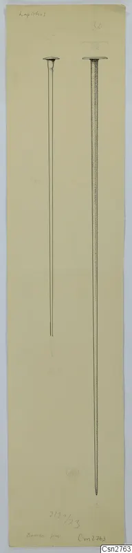Drawing of two long bronze pins, one thin and one thicker with a flat head, on a tall yellowish sheet