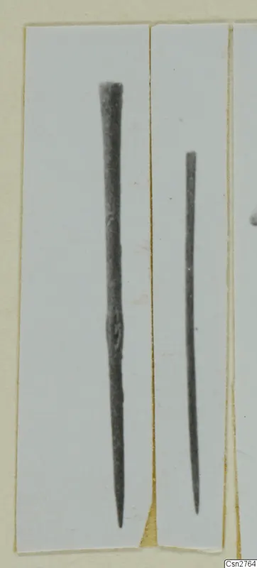 Two long, thin bronze tools with pointed ends, shown upright side by side on a pale card.