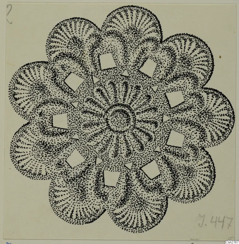 Stippled ink drawing of a bronze disc with a central ring and radiating lobes around it