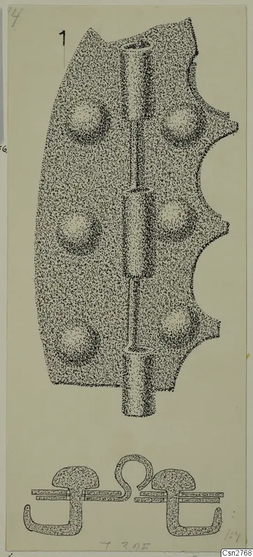 Drawing of bronze utensils from Idalion: a flat plate with a central tube and two small hook-shaped pieces below