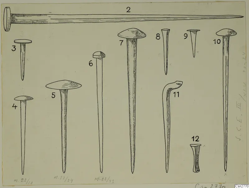 Drawing of a group of nails with varied heads and shanks, one with a bent shank