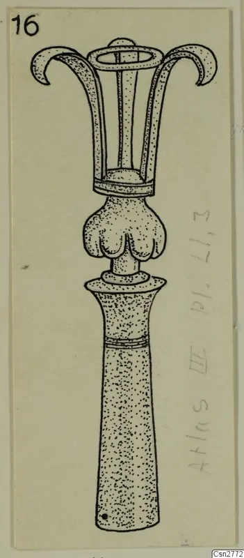 Ink drawing of a bronze object with a tall tapering shaft, a lobed knob and three curled flanges at the top.