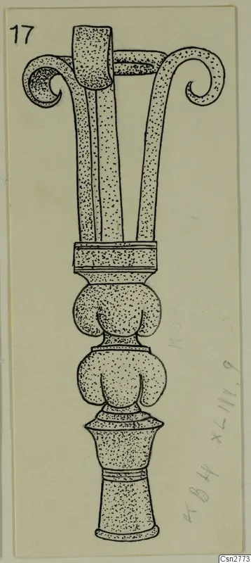 Drawing of a bronze utensil with two curled arms at the top and a knobbed, stepped stem.