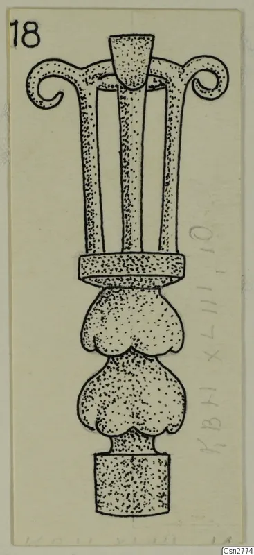 Drawing of a bronze utensil with curled scroll tops, three upright rods and stacked lobed sections on a plain base