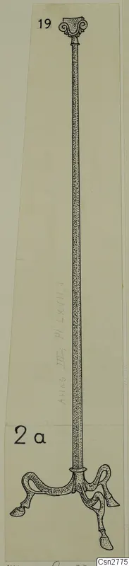 Field drawing of a bronze stand with a tall slender rod, a scroll-decorated top and three curved legs ending in hoof-like feet