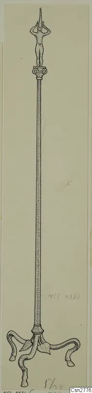 Pen drawing of a tall bronze stand topped by a small nude female figure with raised arms